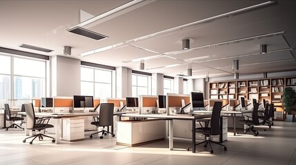 A modern office space with large windows, white walls, and sleek furniture.