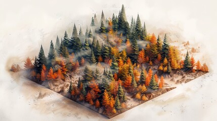 an isometric satellite image of an autumn forest glen, watercolor mist and dappled sunlight style - obrazy, fototapety, plakaty