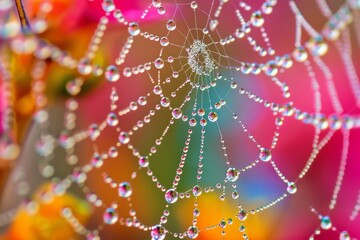 This vibrant close-up showcases the delicate dew drops beading on a spider’s web with a multicolored background