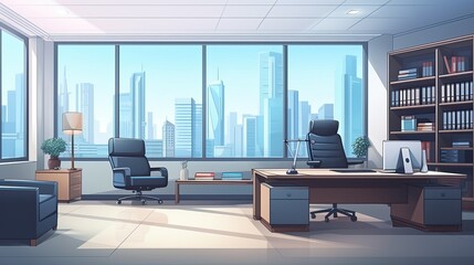 Naklejka premium A modern office with a large window looking out over the city.