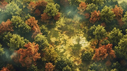 Naklejka na ściany i meble an isometric satellite image of an autumn forest glen, watercolor mist and dappled sunlight style
