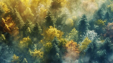 an isometric satellite image of an autumn forest glen, watercolor mist and dappled sunlight style - obrazy, fototapety, plakaty
