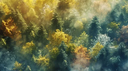 Fototapeten an isometric satellite image of an autumn forest glen, watercolor mist and dappled sunlight style © Zahid
