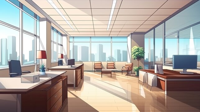 A modern office with a large windows, a desk, a comfortable chair, and a plant. The room is bathed in sunlight.