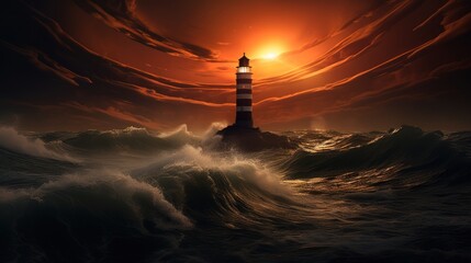Stormy seas and lighthouse glow: The brilliance of a lighthouse shines through the night, offering a beacon of light against the turbulent ocean. - obrazy, fototapety, plakaty