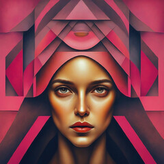 Beautiful young woman with an impassive gaze surrounded by a cubist apparatus that could be a futuristic medical machine, cosmetic device, or booth designed to alter physiological or mental attributes - obrazy, fototapety, plakaty