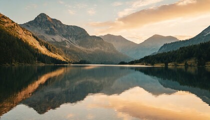 Mountain Majesty: Witness the Tranquil Beauty of a High Altitude Lake, Awash in the Gentle Glow of Dawn's First Light, Creating a Symphony of Reflection and Harmony. Generative AI