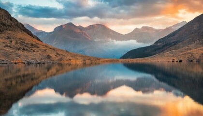 Ethereal Dawn: Capturing the Serenity of a Mountain Lake at First Light, Where Tranquil Beauty Meets the Symphony of Colors in a Mirror-Like Reflection. Generative AI.