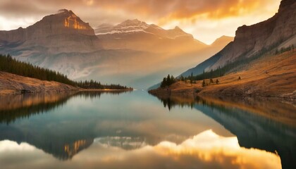 Ethereal Dawn: Capturing the Serenity of a Mountain Lake at First Light, Where Tranquil Beauty Meets the Symphony of Colors in a Mirror-Like Reflection. Generative AI.