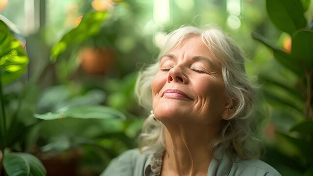 A serene image of a senior woman engaging in a guided breathing exercise her surroundings a tranquil indoor sanctuary filled with verdant plants.