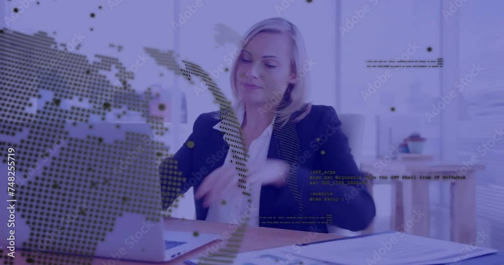 Sticker Animation of financial data processing over caucasian businesswoman using laptop in office