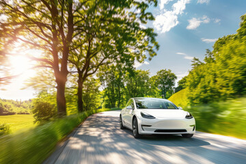 Modern electric sedan speeds down a tranquil country road, surrounded by lush greenery and bathed in the warm glow of the afternoon sun. Car is driving in natural landscape with motion blur effect