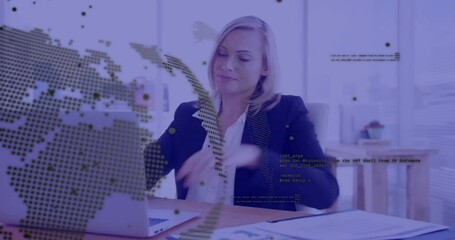 Animation of financial data processing over caucasian businesswoman using laptop in office - Powered by Adobe