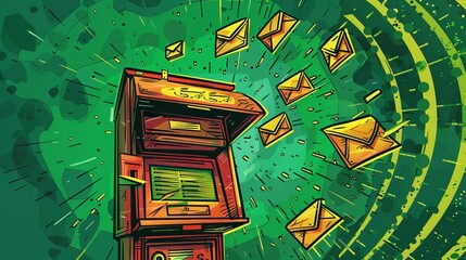 Cartoon mailbox. Comic hand drawn   mail delivery with flying letters.  green half-tone background.