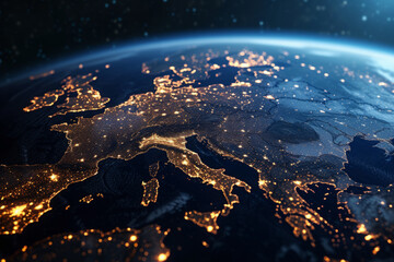 Space view on Europe continent with city lights at night time. Global networking and futuristic technology development