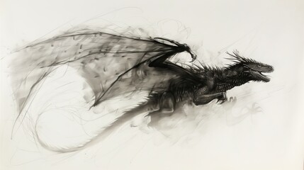 flying dragon, charcoal, white background
