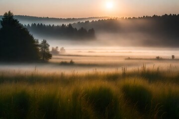 a mist-covered meadow at dawn. T
