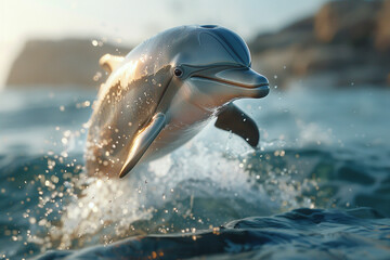 A clever dolphin with a gray skin and a friendly smile jumping out of the water in the ocean.