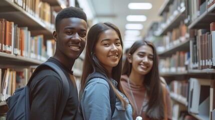Happy african, asian and caucasian students standing at modern college library with bookshells on background, diversity in education concept. - obrazy, fototapety, plakaty