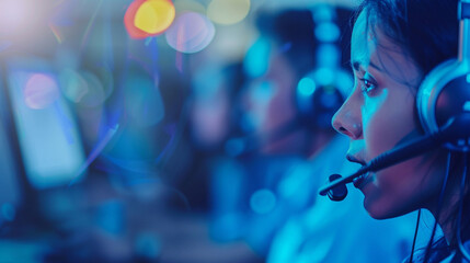 A call center team actively engaging with clients over headsets, symbolizing customer service outsourcing, BPO concept, blurred background, with copy space