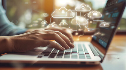 Close-up of hands typing on a laptop with an overlay of cloud symbols and network connections, depicting cloud-based BPO solutions, BPO concept, blurred background, with copy space