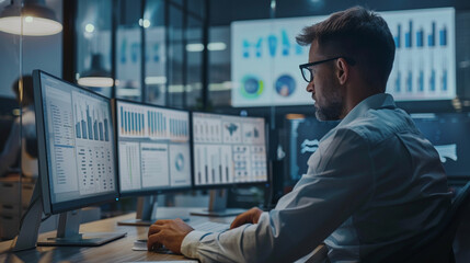 A professional in a modern office analyzing data on a computer, illustrating outsourced IT and data management services, BPO concept, blurred background, with copy space