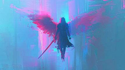 Angel with wings and sword descends from heaven. A medieval biblical character. Herald of the apocalypse. Digital art. Illustration for cover, card, interior design, poster, brochure, etc.