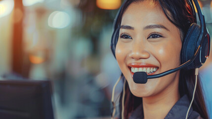 A customer service representative smiling and assisting a client, showcasing the human aspect of BPO services, BPO concept, blurred background, with copy space