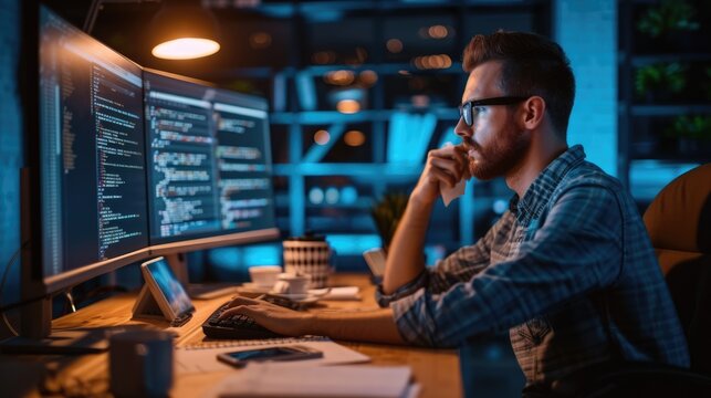 A software developer works on code late into the night, illuminated by the glow of multiple computer screens in a modern office. AIG41