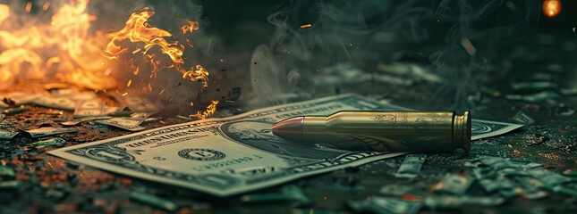 Illegal selling, criminal money concept, US dollars and bullet for a gun, 9mm pistol cartridges on a background. AI generated illustration - obrazy, fototapety, plakaty