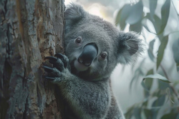 A cuddly koala with a gray fur and a black nose clinging to a eucalyptus tree in Australia.