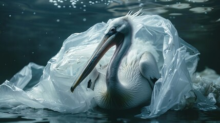 pelican bird trapped in plastic bag; concept of saving the ocean - obrazy, fototapety, plakaty