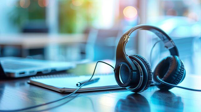A headset and a notepad on a desk, representing the readiness to provide outsourced support and services, BPO concept, blurred background, with copy space