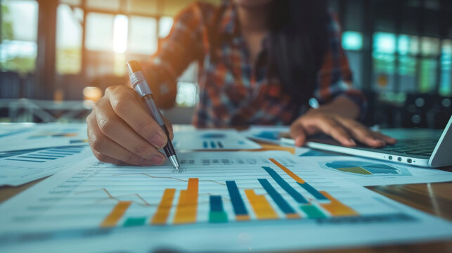 An outsourced financial services professional reviewing financial reports and charts, illustrating specialized BPO functions, BPO concept, blurred background, with copy space