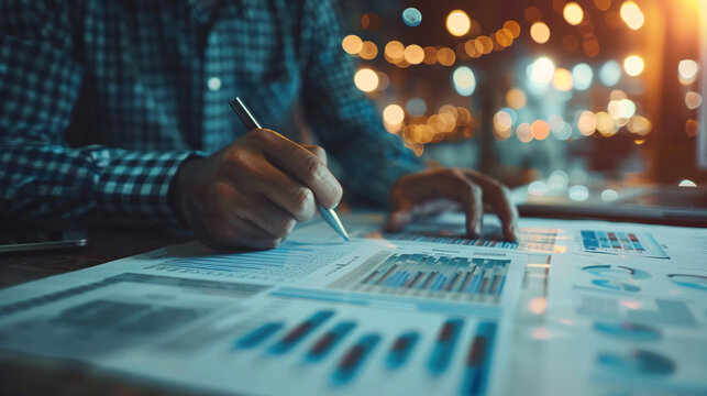 An outsourced financial services professional reviewing financial reports and charts, illustrating specialized BPO functions, BPO concept, blurred background, with copy space