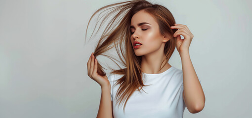Fototapeta premium woman is upset because of hair loss.Poster design for beauty salon, hair care products. Close-up with copy space.