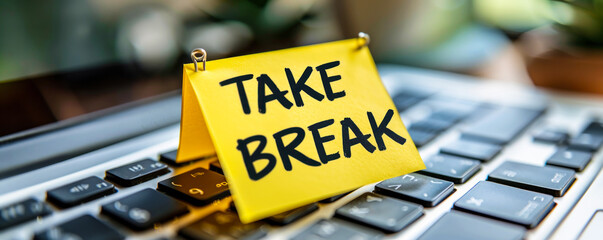 Yellow sticky note with TAKE A BREAK handwritten message on a laptop keyboard, a reminder for work-life balance, rest, and self-care during busy workdays