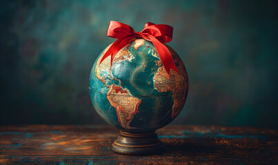 Globe wrapped in a vibrant red ribbon bow, symbolizing global gifts, international holidays, or worldwide generosity and celebration on a dark teal backdrop