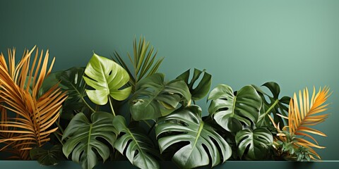 Fototapeta na wymiar Tropical leaves pattern foliage, monstera leaves frame layout, background for summer banner,
