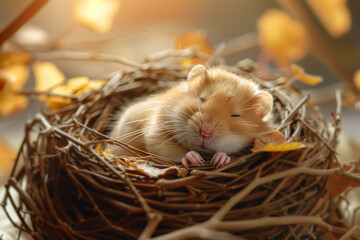 A cuddly teddy bear hamster with a golden fur and a round body sleeping in a cozy nest.