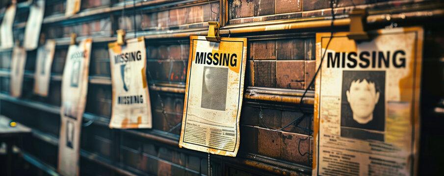 Rows of aged missing person posters on a wall with a prominent MISSING headline, evoking themes of loss, search efforts, and the passage of time