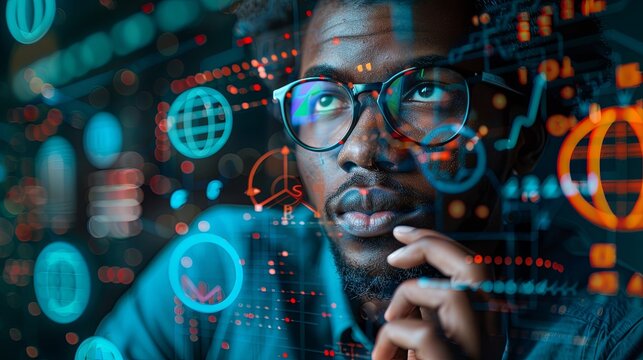 Scientist in glasses ponders a matrix of luminous data and solves some problem. Illustration for banner, poster, cover, brochure or presentation.