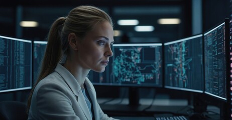 A female Working on Computer, Typing Lines of Code that Appear on Big Screens Surrounding him in Monitoring Room, Male Programmer Creating Innovative Software Using AI Data and System