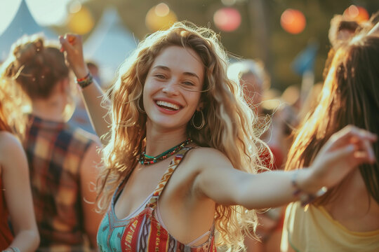 Caucasian lady dancing in a summer music festival.