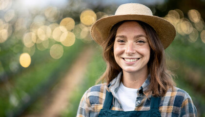 Portrait of a farmer woman smiling in a field background - obrazy, fototapety, plakaty