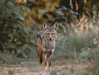An alert jackal standing in the field.