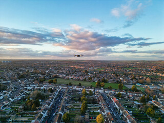 Best Aerial View of British City During Sunset. Luton,  England UK