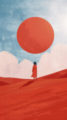 Figure Under a Crimson Sky: Minimalist artwork featuring a solitary figure in a red dress standing under a large red sun against a textured sky, evoking themes of solitude and the vastness of nature