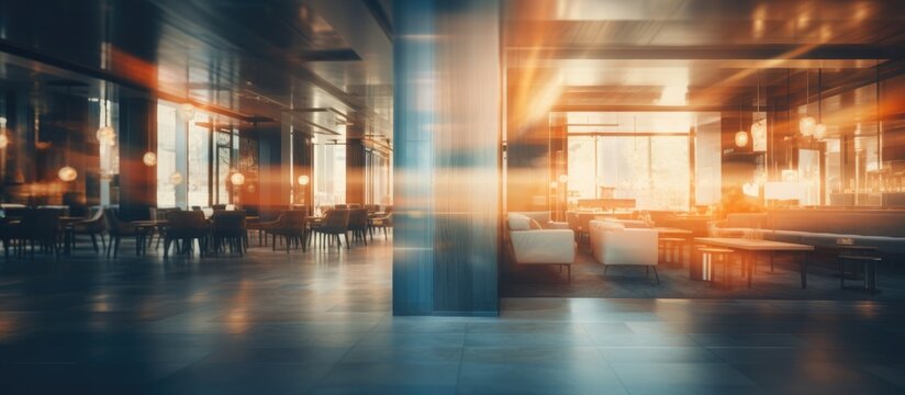 A blur-filled scene of a room crowded with chairs and tables, creating a sense of movement and activity in a hotel lobby interior setting.