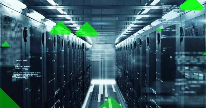 Animation of green arrows and data processing over computer servers